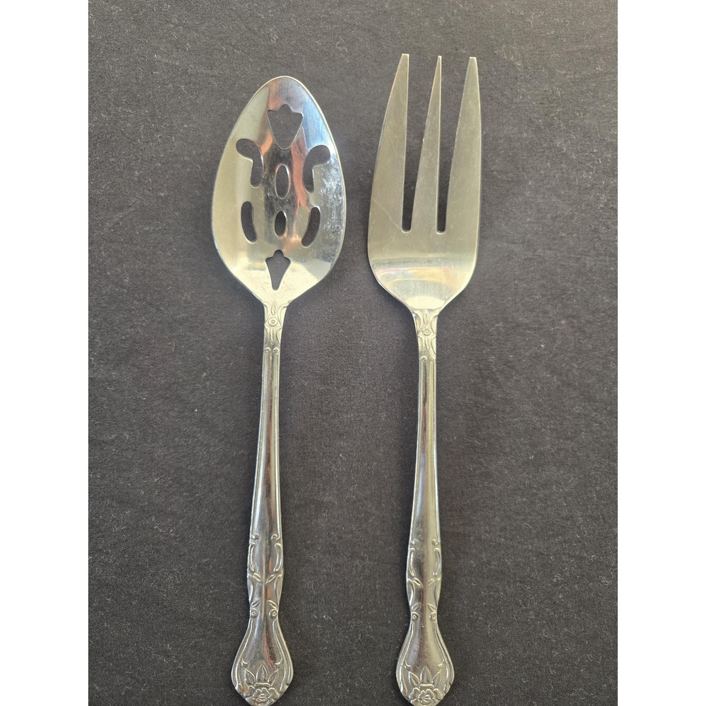 Vintage National Stainless Norma Rose Daisy Motif Serving Fork & Pierced Spoon